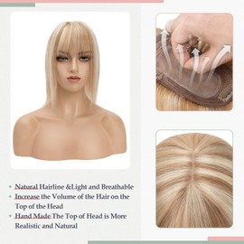 S-noilite Hair Toppers for Women Real Human Hair Topper with Bangs 100% Remy Human Hair Toppers Wigs Clips in Hair Pieces for Thinning Hair/Hair Loss(14 Inch,Golden Brown&Bleach Blonde)