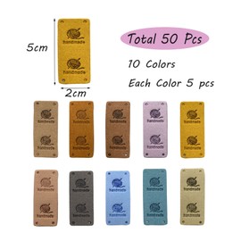 WiYould 50 Pcs PU Leather Label Handmade Sew on Tag Label Faux Leather Handmade Embossed Tag Embellishment Crochet Knit DIY Jeans Bags Shoes Hat Apparel Accessories(Yarnball, 10c)