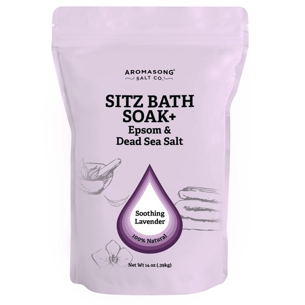 Aromasong Sitz Bath Soak with Dead Sea Salt, Epsom Salts, & Lavender Essential Oils - Sitz Bath Salts for Hemorrhoids - Made In USA - 14 Oz. Bag Sitz Bath Salt for Hemorrhoids and Postpartum Recovery.
