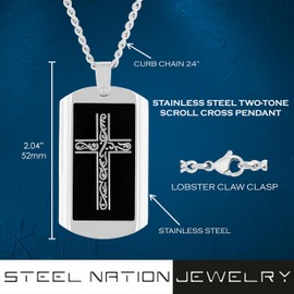 Elegant Scroll Men's Cross Dog Tag Pendant - Two-Tone Design on 24" Curb Chain, Stainless Steel