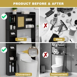 SUNTAGE 6Tier Over The Toilet Storage Cabinet, Freestanding Above Toilet Space Saver Rack w/Adjustable Shelves, Sliding Door, Multifunctional Over Toilet Organizer for Bathroom (Black)