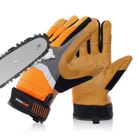 YARDMARIS Chainsaw Gloves, Geninue Leather Logging Gloves, 12-Layer Saw Protection, Left Hand Back Anti-Cutting Safety Gloves