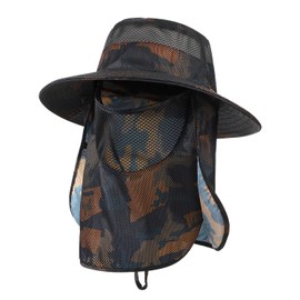 XGOPTS Camo Mesh Sun Hat for Men UPF 50+ Wide Brim Fishing Hat with Detachable Face Neck Flap Outdoor Sun Protection Quick Dry Sports Visor Adjustable Bucket Cap for Fishing Camping Hiking Travel