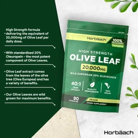 Olive Leaf Extract Capsules 20,000mg | Wild European 20% Oleuropein | High Strength Supplement | 90 Vegan Capsules | by Horbaach