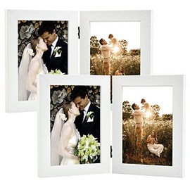 Golden State Art, Decorative Hinged Table Desk Top Picture Photo Frame, 2 Vertical Openings, with Real Glass (5x7 Double, White, 2-Pack)