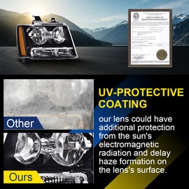 GRAND ORANGE Headlights Assembly Compatible with 2007-2014 Chevy Suburban Tahoe/Fit for 07-13 Chevy Avalanche Headlamps Driver & Passenger Side Clear lens Black Housing Amber Reflector GM2503263