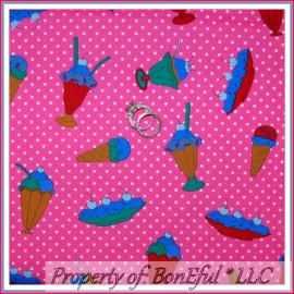 Signature BonEful Fabric FQ Cotton Quilt VTG Pink White Dot Ice Cream Cone Cherry Birthday