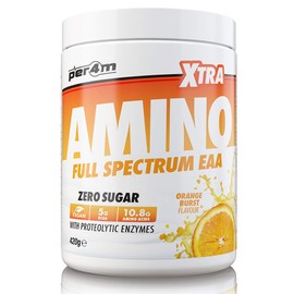 Per4m Amino Xtra | 30 Servings of Full Spectrum EAA with Proteolytic Enzymes | Vegan Friendly | Zero Sugar Amino Acid (Orange Burst, 420g)