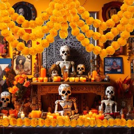 TWITTOOLS 4 Pcs Long Marigold Garland for Decoration, 5 Feet Artificial Orange Marigold Flowers Indian Pooja Diwali Home Wedding Mantle Decor