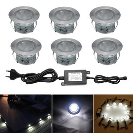 LED Recessed Floor Spotlights Set of 6 Diameter 45 mm 1 W Patio Recessed Spotlights Outdoor 12 V IP67 Waterproof Patio Light for Kitchen Garden Stairs Balcony Patio Cool White