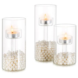 Inweder Clear Glass Tealight Candle Holder: 3Pcs Clear Votive Candle Holders Cylinder Glass Candle Holder Modern Hurricane Tea Light Candle Holder Wedding Party Home (Fits Standard Tealight)