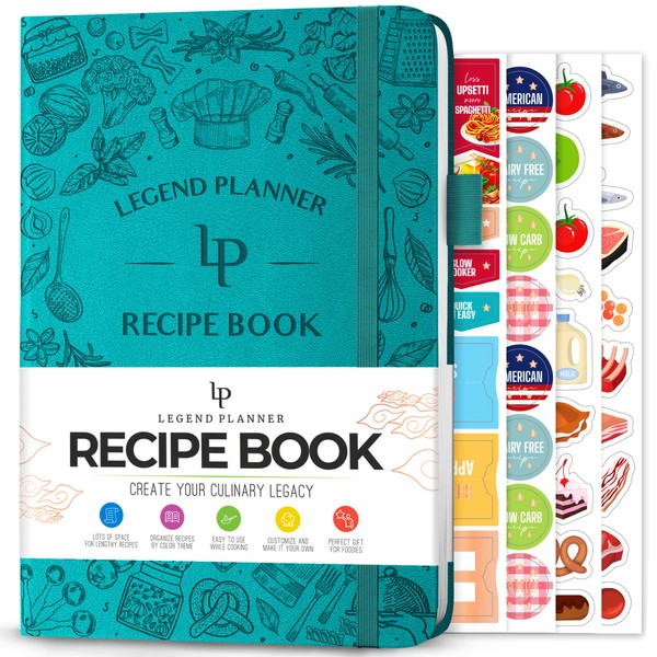 Legend Recipe Book – Blank Family Cookbook to Write In Your Own Recipes – Empty Cooking Journal – Personalized Cooking Notebook, Hardcover, A5-Sized, 58 Recipes In Total - Turquoise