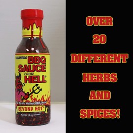 Habanero Spicy BBQ Sauce From Hell - 13 oz. - Premium Gourmet Spicy Hot Habanero Sauce for Chicken Wings and Ribs on the BBQ Grill – Warning - Try if you Dare!