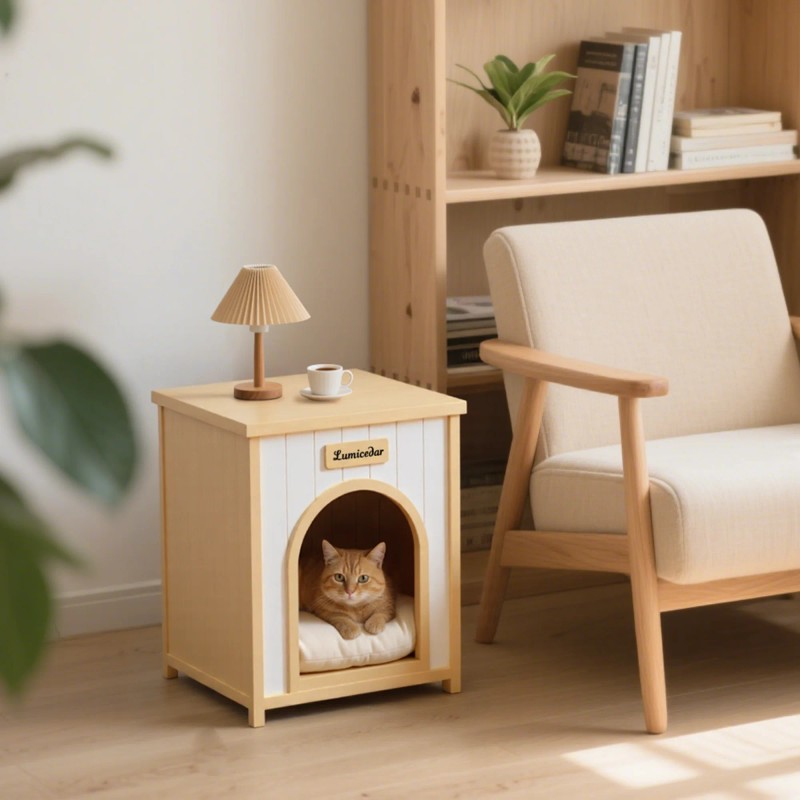Solid Cedar Wood Indoor Pet House with Removable Cushion for