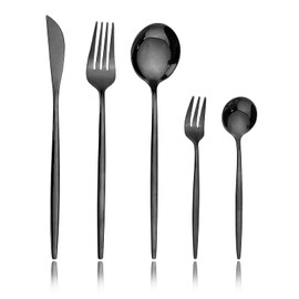 JANKNG - Juego de cubiertos de acero inoxidable 18/0 con espejo, 30 piezas, utensilios de cocina para cena, postre, té, café, vajilla para 6 personas, color negro