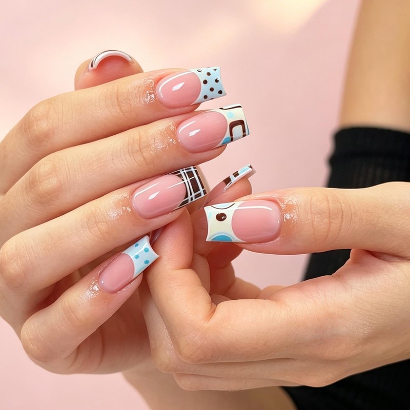 PINE WAVES 24Pcs Blue Press on Nails Almond, Summer Nails