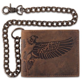 F&L CLASSIC RFID Blocking Mens bi-fold Style Cowhide Leather Steel Chain Wallet, brown Flying Eagle,texas 300