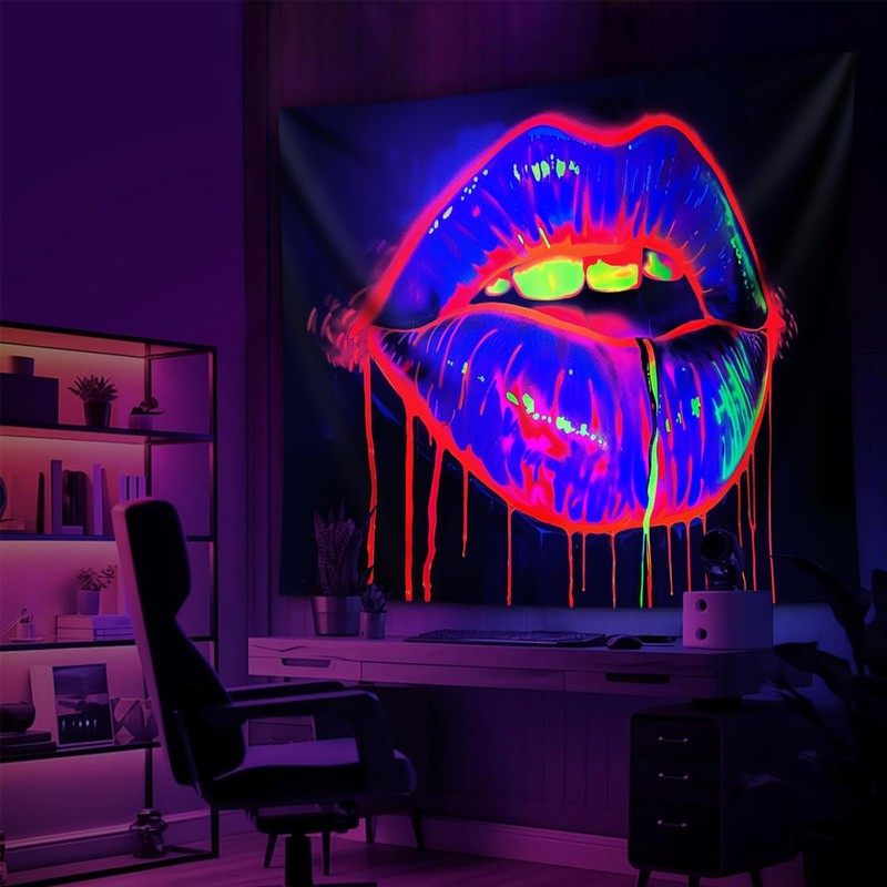 TUGCAY Lips Black Light Tapestry, Blacklight Tapestry UV Reactive Lip