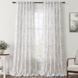 Blue Floral Curtains 86 inch Length Back Tab Farmhouser Living Room Light Filtering Curtains Blue Pattern Print on Cream White Linen Curtain Panel Minimalist Aesthetic Sketch Style Vintage Room Decor