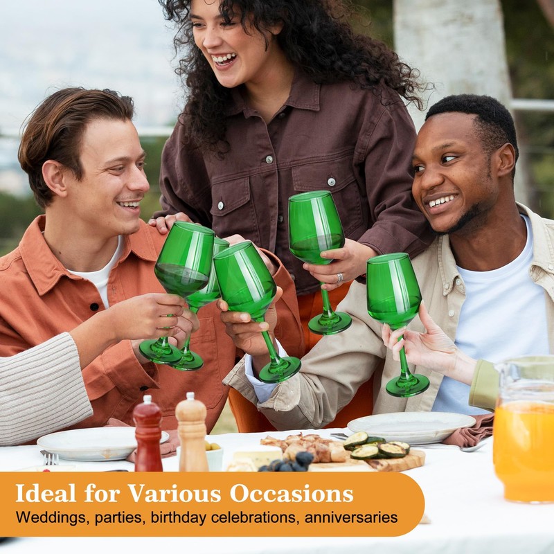 GLAZVIA Green Wine Glasses Set of 6, 14oz Stemmed Glasses,