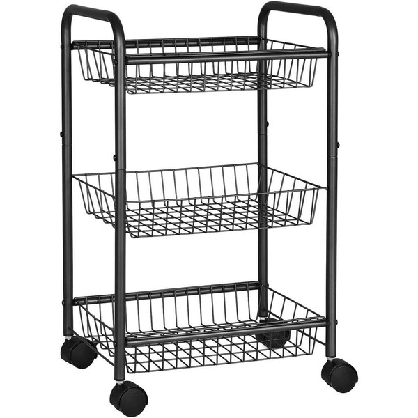SONGMICS 3-Tier Metal Rolling Cart, Storage Cart with Removable Baskets, Utility Cart with Wheels and Handle, for Kitchen, Bathroom, Laundry Room, Black UBSC03BK