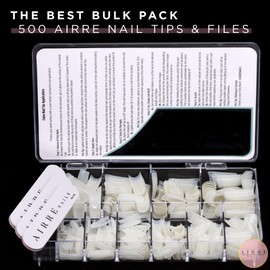 500 AIRRE Pro Acrylic Nail Tips & 3 Files with Box - (10 Sizes) French Square Half Cover False Nails. For Salons MUA & Home DIY. Use: Cut, File & Shape, UV/LED Gel, Polish & Nail Art (Colour: Natural)