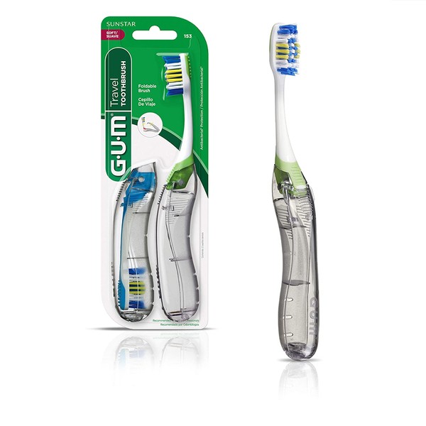 GUM Travel Toothbrush with Antibacterial Bristles & Folding Handle, Soft Bristles, 2 Count (Pack of 6)