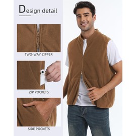 Argstar Men's Fleece Vest with 6 Pockets, Full-Zip Casual Lightweight Sleeveless Outerwear Gilet Khaki XL