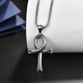 KATHLU Ankh Cross Necklace for Men Women 925 Sterling Silver Amulet egyptian Spiritual Charm Coptic Key of Life Cross Pendant Gift Black