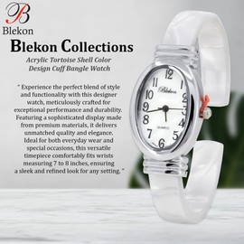 Blekon Collections Women's Round, Oval, Rectangle Case Shapes Acrylic Tortoise Shell Color Design Cuff Bangle Watch ((Silver/White/WhitePearl/Oval))