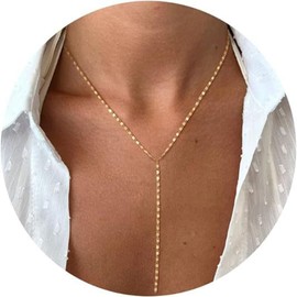 Lariat Gold Necklace for Women Gold Dainty Long Layered Y Necklaces Beaded Chain Necklace Simple Trendy Jewelry Gift for Women-GoldB