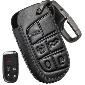 Slohif Leather Key Fob Cover Accessories for Jeep for Grand Cherokee Renegade Chrysler 200 300 Dodge RAM Durango Challenger Journey Dart Fiat 5 Buttons, Leather Case+D-Ring+Hook(Black)