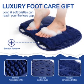 XL Shower Foot Scrubber Mat, Silicone Feet Massage Cleaner Dead Skin Toes Clean Pad without Bending Non-slip Suction Cups -Improve Circulation for Feet Beauty Exfoliate Smooth Achy 17.2*13" Navy Blue
