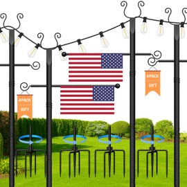 4 Pack String Light Poles 10 Ft - Patio Adjustable Stand with Fork, Backyard Heavy Metal Lighting Posts for Outside Deck Wedding Garden Party