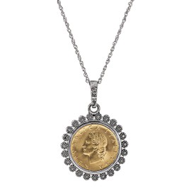 American Coin Treasures Miss Italy Italian 20 Lira Coin Pendant Necklace - Italian 20 Lira Silvertone Pendant with Blossom Bezel| Italian Medallion Pendant | 24 Inch Rope Chain