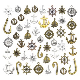 JIALEEY Nautical Anchor Rudder Helm Compass Charms, 100 Grams Mixed Ship Anchor Wheel Pendants Beads Charms for DIY Necklace Bracelet Jewelry Making Accessories