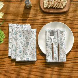 Horaldaily Fall Cloth Napkins 18 x 18 Inch, Thanksgiving Autumn Harvest White Pumpkin Blue Leaf Party Dinner Decoration Washable Napkins Set of 4