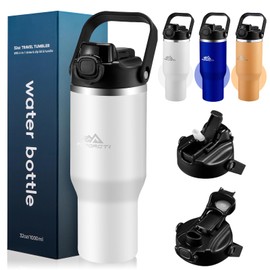 POPOACTI Insulated Tumbler,34 oz Stainless Steel Water Bottle, BPA-Free, Double-Walled Vacuum, Flip Straw for Travel, Keeps Drinks Hot & Cold for 12 Hours,For Outdoors Car Gym Office (White)
