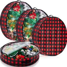 Aliceset 4 Pack Wreath Storage Containers, Christmas Garland Storage Bags with Window and Handles, Durable Christmas Decoration Box Holder for Holiday Xmas(36 x 36 x 7.8 Inch,Red Black Plaid)