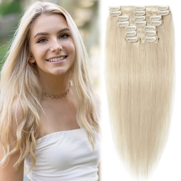 MY-LADY Clip in Hair Extensions Human Hair Balayage 100% Real Remy Human Hair 8pcs Weft Full Head Silky Straight for Women 20 Inch 80g #60 Platinum Blonde