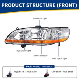 AUTOSAVER88 Headlight Assembly Compatible with 1998 1999 2000 2001 2002 Accord Headlamp Replacement Chrome Housing Amber Reflector