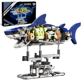 JXD Ideas Mechanical Shark Building Set with Display Stand and Light, Marine Animal with Linkage Function, for Adults ChildrenColor: Blue