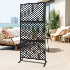 Patio Privacy Screen with Stand, 75" H x 35.5" W Diamond Pattern Metal Outdoor Privacy Screens and Panels, Decorative Privacy Fence Screen Fence Panels with Stand for Balcony Patio, Black