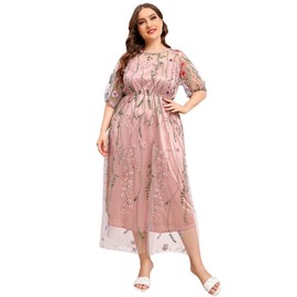 Long Floral Embroidery Dress for Women Flower Embroidered Maxi Dress Plus Size Embroidered Dress for Women Casual Half Sleeve Empire Waist Wedding Guest Evening Cocktail Long Dress Pink-Floral 3XL