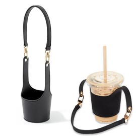 Coffee Cup Holder Tea Cup Protective Sleeve Water Bottle Holder PU Leather Cover Travel Water Bottle Sling Bag with Adjustable Strap for Travel Hiking Daily Use