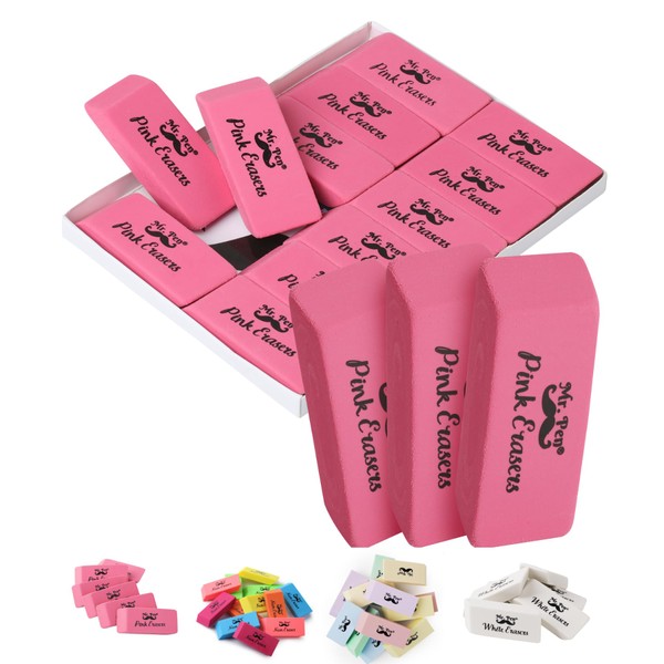 Mr. Pen Pink Pencil Erasers, Large, Pack of 12