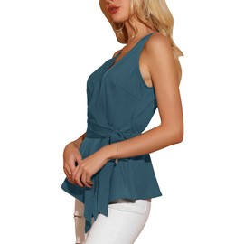 Allegra K Women's 2024 Spring Tops Sleeveless V Neckline Wrap Elegant Tie Waist Top Large Peacock Blue