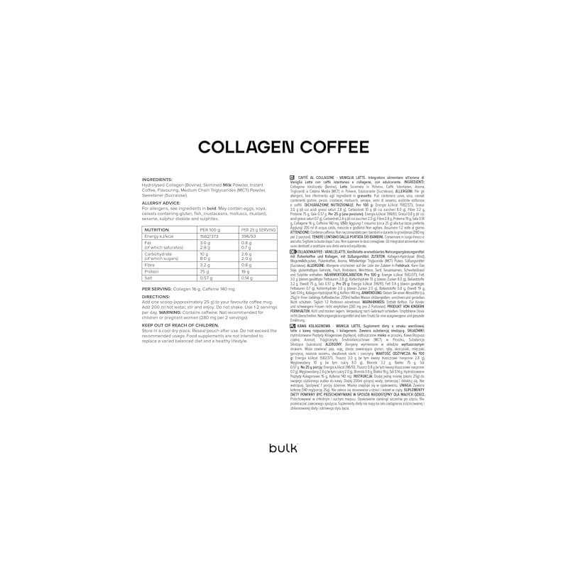 Bulk Collagen Coffee, Vanilla Latte, 500 g