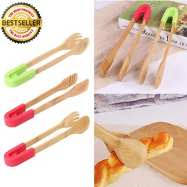 Green Square Bamboo Environmentally Reusable Friendly Food Toast Tongs for Cooking Frying Food Salads BBQ Pasta Grilling for Kitchen Home Party