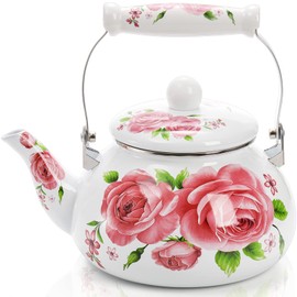 Hiceeden 2.6 Quart Enamel Tea Pot for Stovetop, Pink Vintage Tea Kettle with Floral Pattern, 2.5 L Delicate Cute Steel Water Kettle Pot with Porcelain Handle